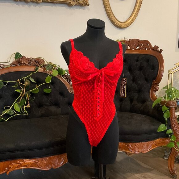VINTAGE Escante Mesh Polka Dot Ribbon Lace Bodysuit lingerie High Leg Size L Red - Picture 1 of 5